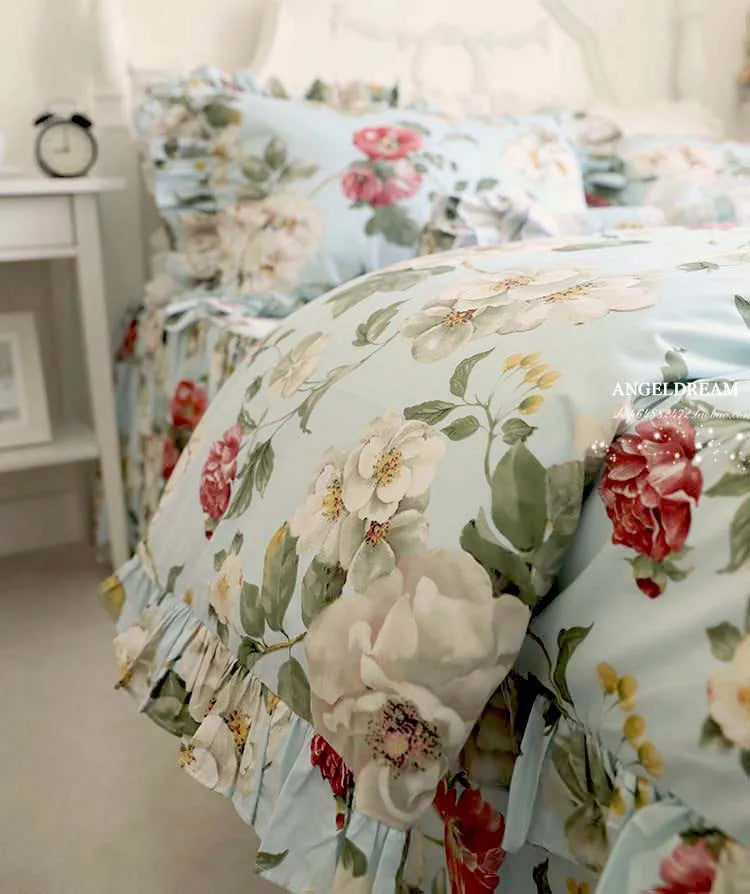 Korean 100% Cotton Floral Bedding Set – 4-Piece Duvet Cover with Flounced Cake Layer Ruffles
