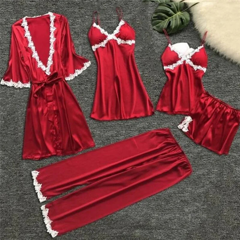 2023 Women Satin Sleepwear 5 Pieces Pyjamas Sexy Lace Pajamas Sleep Lounge Pijama Silk Night Home