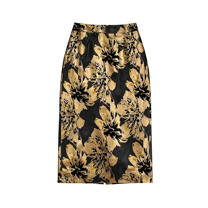 Genuine Leather Skirt Women 2024 Spring Chic Sheepskin High Waist Sexy Wrap Jupe Mujer Big Golden Flower Print Slit Midi Saia