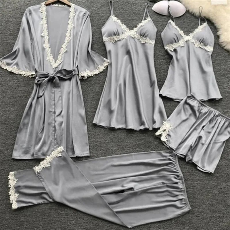 2023 Women Satin Sleepwear 5 Pieces Pyjamas Sexy Lace Pajamas Sleep Lounge Pijama Silk Night Home