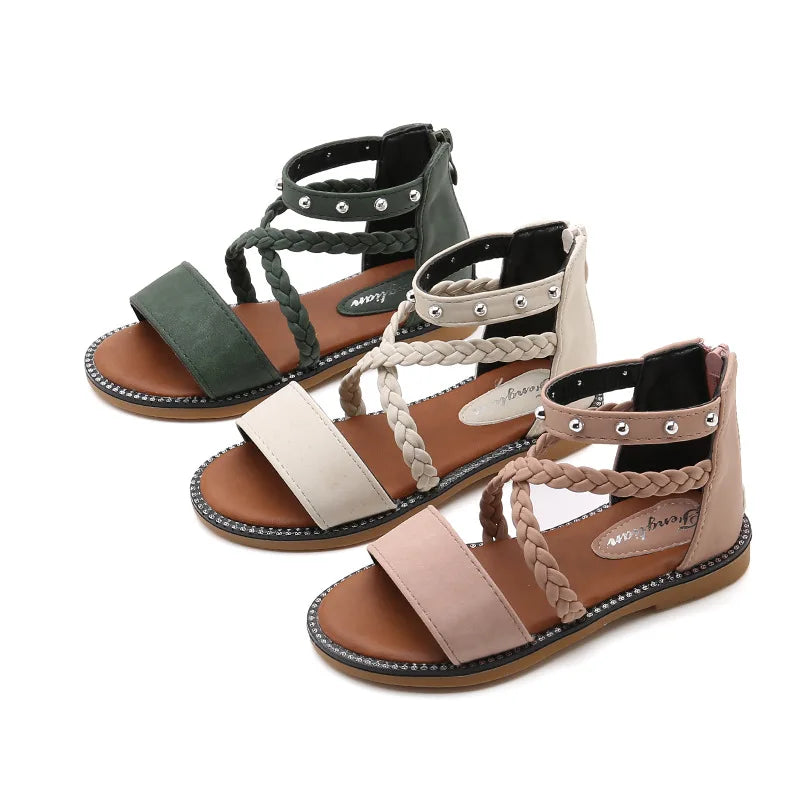 New Roman Rivet Girls’ Summer Dress Sandals – Stylish Open-Toe Shoes for Ages 3–12