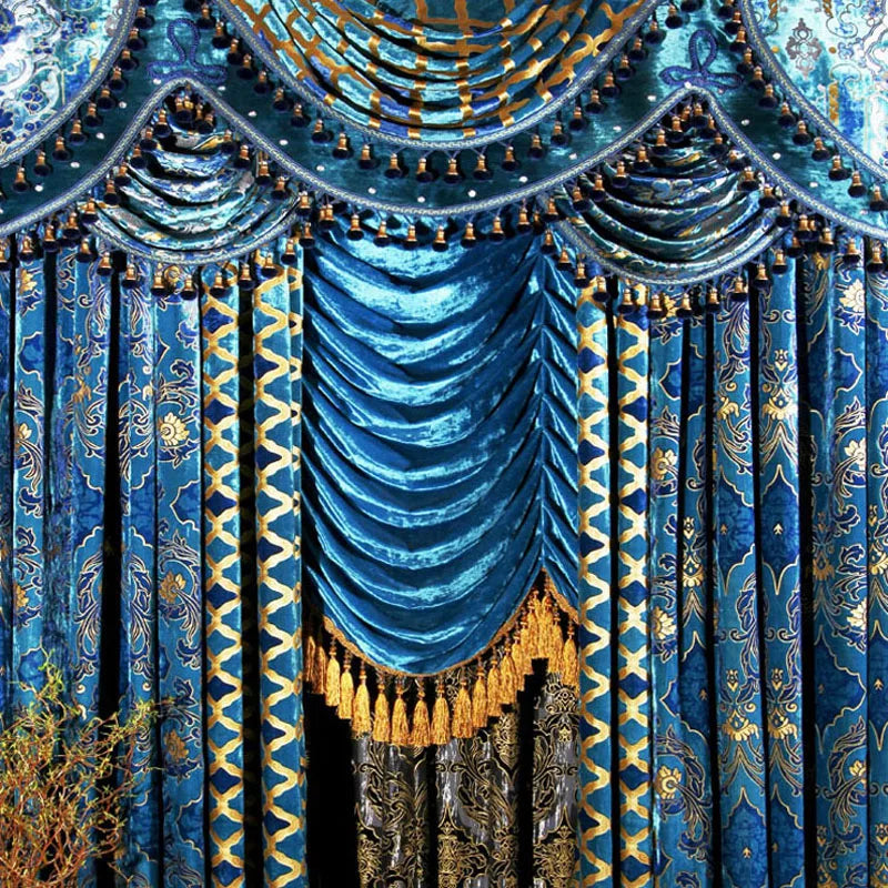 Luxury Romantic Velvet Curtain for Window, Beaded Valance, Gold and Royal Blue, Blackout for Bedroom, Living Room, Wedding