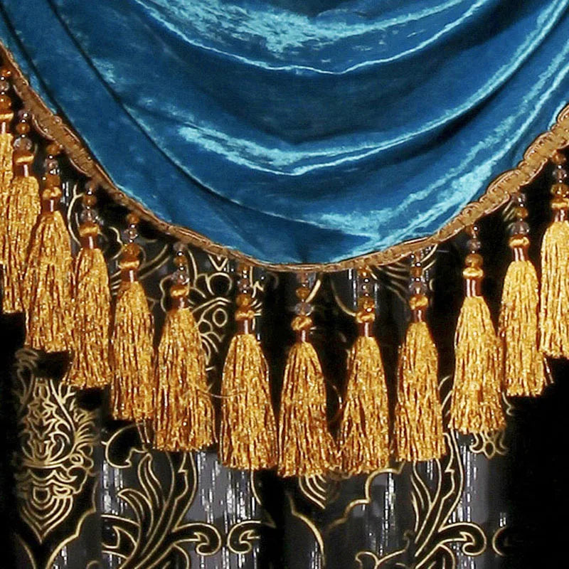 Luxury Romantic Velvet Curtain for Window, Beaded Valance, Gold and Royal Blue, Blackout for Bedroom, Living Room, Wedding