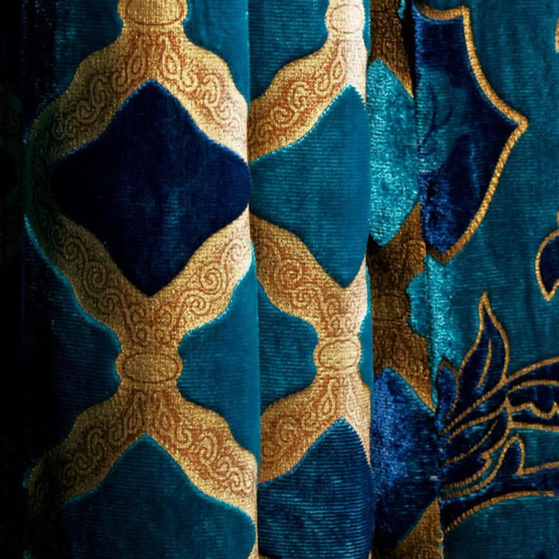 Luxury Romantic Velvet Curtain for Window, Beaded Valance, Gold and Royal Blue, Blackout for Bedroom, Living Room, Wedding