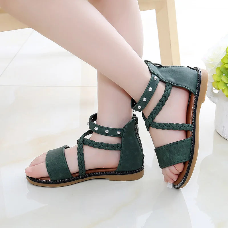 New Roman Rivet Girls’ Summer Dress Sandals – Stylish Open-Toe Shoes for Ages 3–12