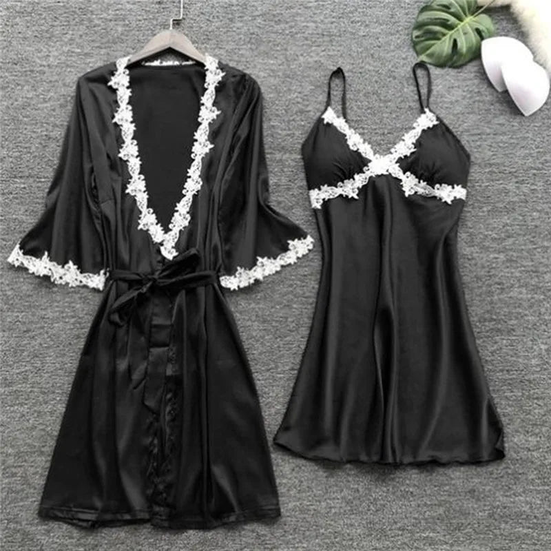 2023 Women Satin Sleepwear 5 Pieces Pyjamas Sexy Lace Pajamas Sleep Lounge Pijama Silk Night Home