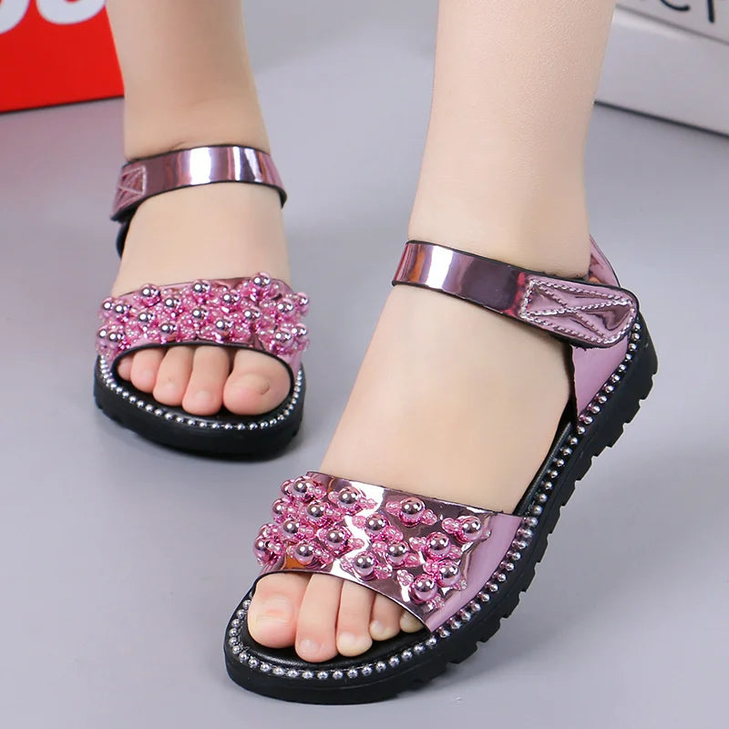 Girls’ Summer Pearl Sandals – Korean-Style Beaded Princess Beach Shoes (Ages 5–12)