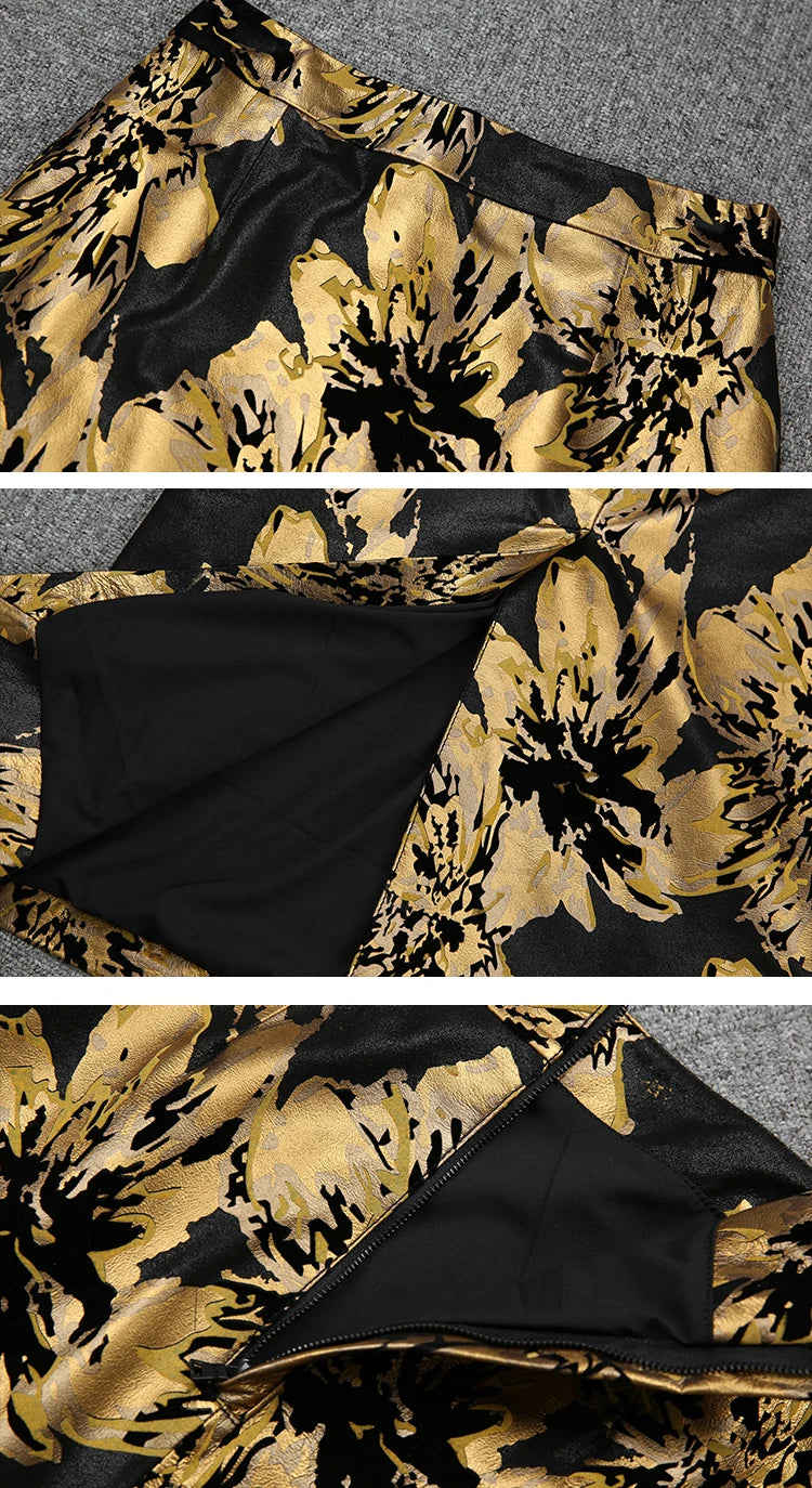 Genuine Leather Skirt Women 2024 Spring Chic Sheepskin High Waist Sexy Wrap Jupe Mujer Big Golden Flower Print Slit Midi Saia
