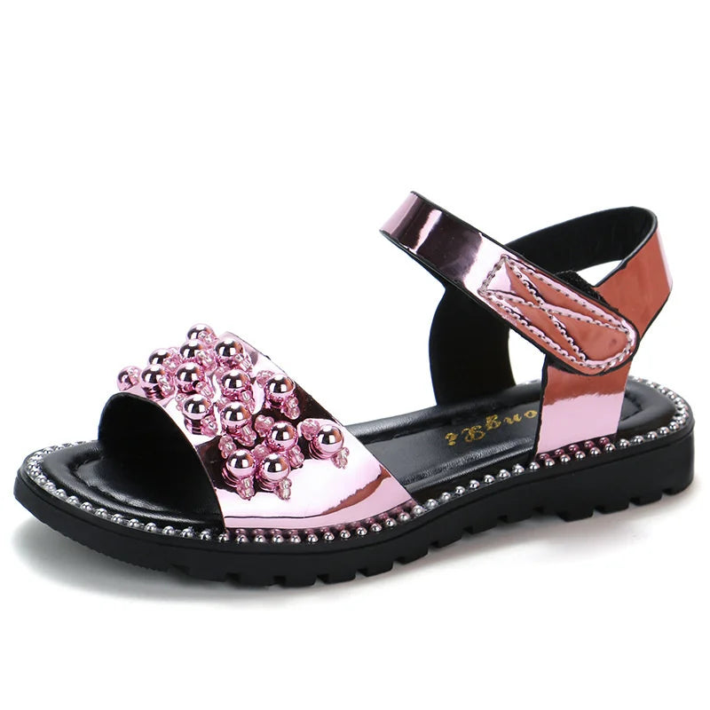 Girls’ Summer Pearl Sandals – Korean-Style Beaded Princess Beach Shoes (Ages 5–12)