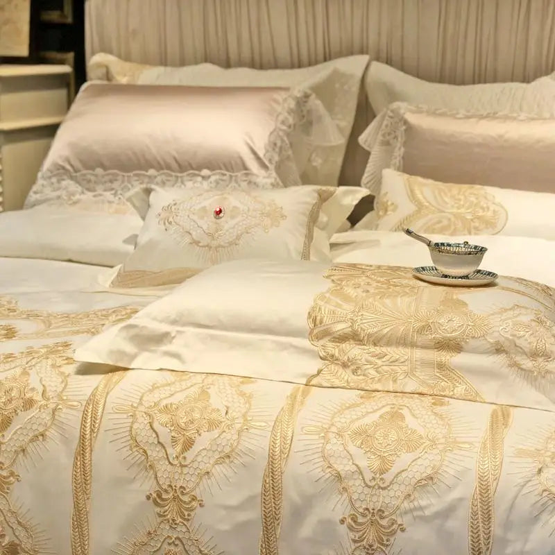 40Wide Golden Lace Duvet /Comforter Cover Set Pink White Premium Egyptian Cotton Bedding set Luxury Queen King size Bed sheet