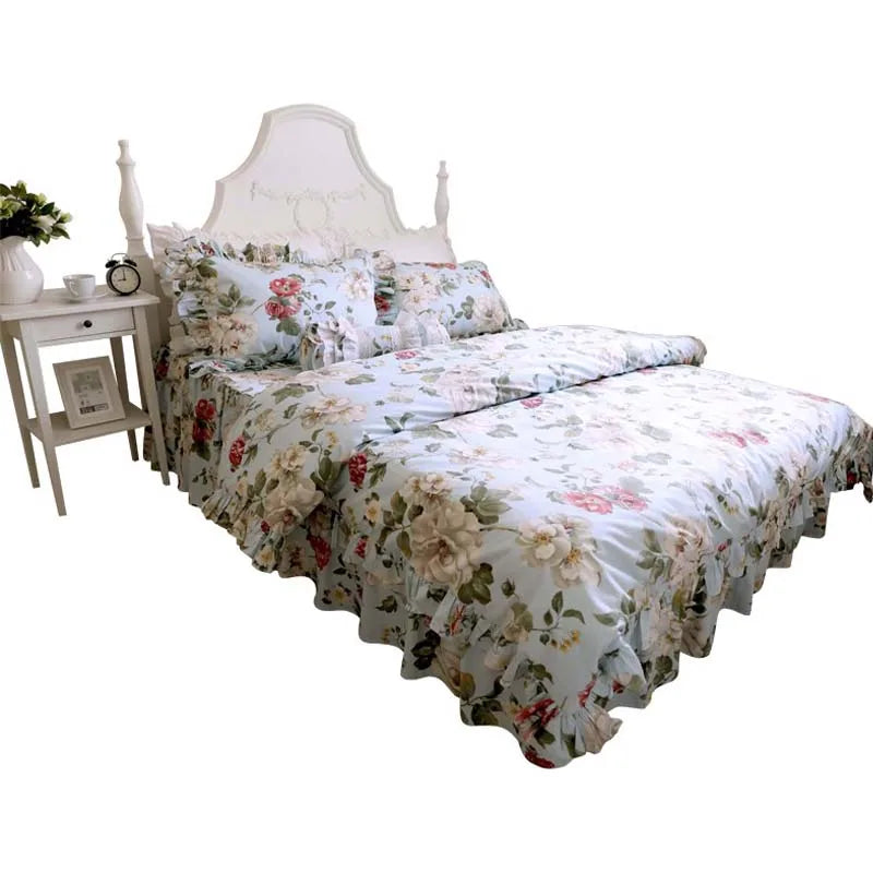 Korean 100% Cotton Floral Bedding Set – 4-Piece Duvet Cover with Flounced Cake Layer Ruffles