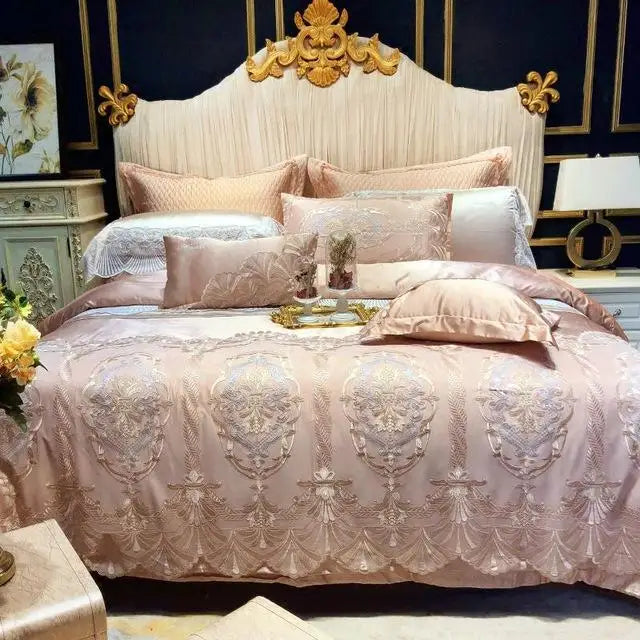 40Wide Golden Lace Duvet /Comforter Cover Set Pink White Premium Egyptian Cotton Bedding set Luxury Queen King size Bed sheet