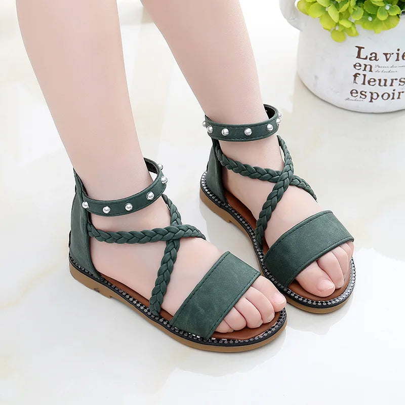 New Roman Rivet Girls’ Summer Dress Sandals – Stylish Open-Toe Shoes for Ages 3–12