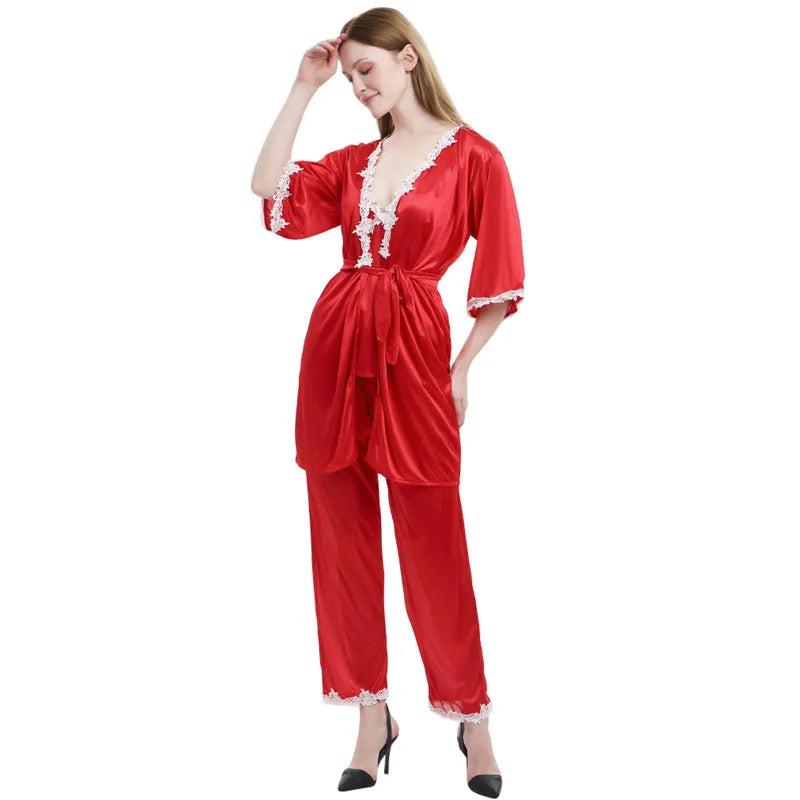 2023 Women Satin Sleepwear 5 Pieces Pyjamas Sexy Lace Pajamas Sleep Lounge Pijama Silk Night Home