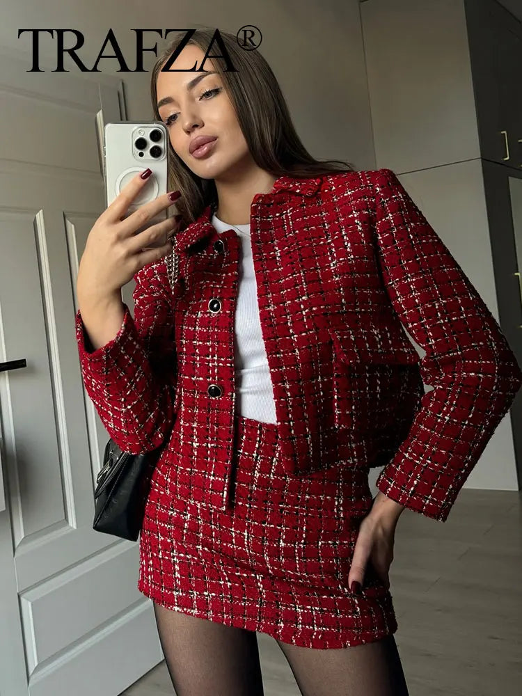 TRAFZA Women’s Red Knit Skirt Suit – Textured Lapel Jacket & High-Waist Side-Zip Culottes Set