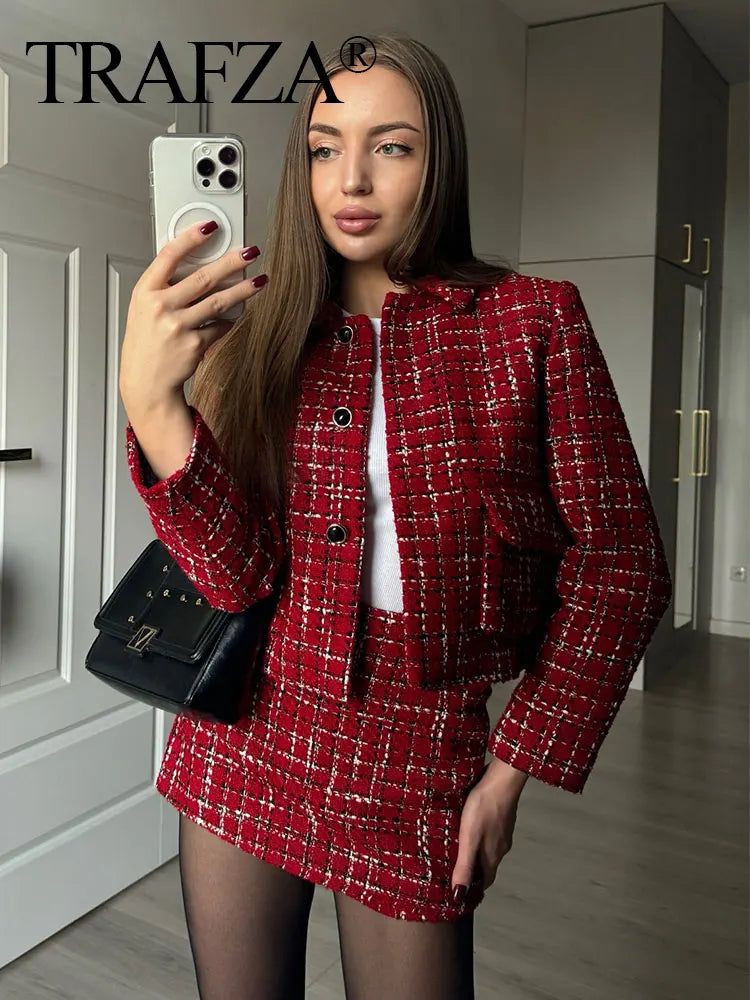 TRAFZA Women’s Red Knit Skirt Suit – Textured Lapel Jacket & High-Waist Side-Zip Culottes Set