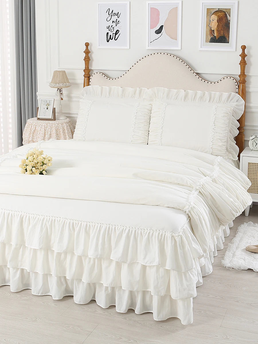 100% Premium Cotton Bedding Four Piece Set, Fairy Wind Lolita White Bed Skirt Bed Sheet Quilt Cover, Ruffle Edge Duvet Cover Set
