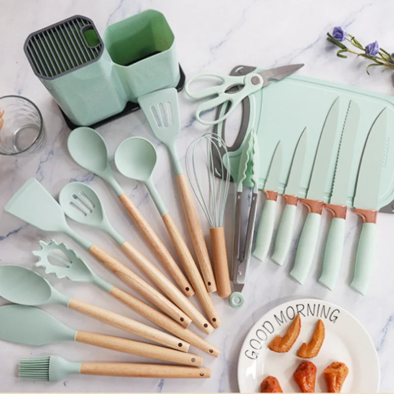Silicone kitchenware set,19 piece non stick cooking pot with wooden handle spoon,multifunctional integrated knife storage bucket