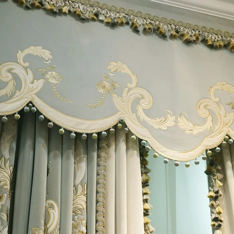 High Grade Blue Grey Embroidery Velvet Splicing Thickened Curtains for Living Room Bedroom Villa French Window Valance