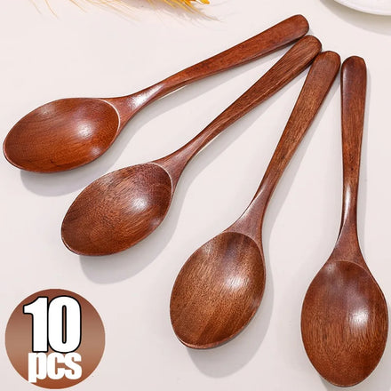 Long-Handled Wooden Soup Spoons — Stirrer Teaspoon & Ladle Tableware Set — view 1 of dining & tableware