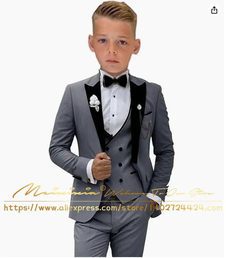 White Boys’ 3-Piece Formal Wedding Tuxedo Suit – Jacket, Vest & Pants Set (Ages 2–16, Custom Sizes Available)