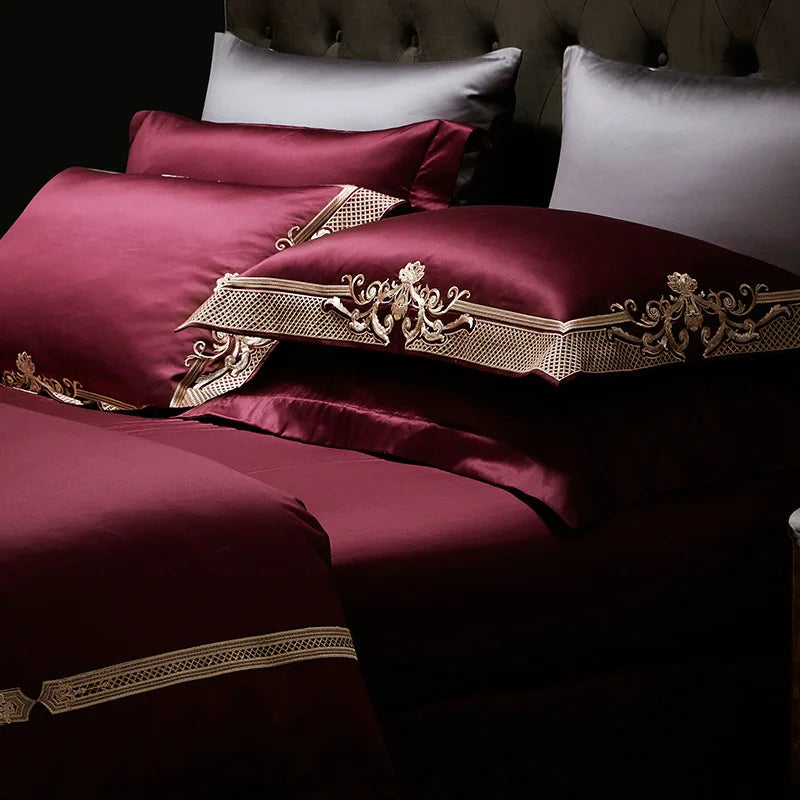Brand New Wine Red Wedding Bedding Set 100% Cotton Silky Duvet Cover Set Luxury Wedding Birthday Gift Embroidery Quilt Covers