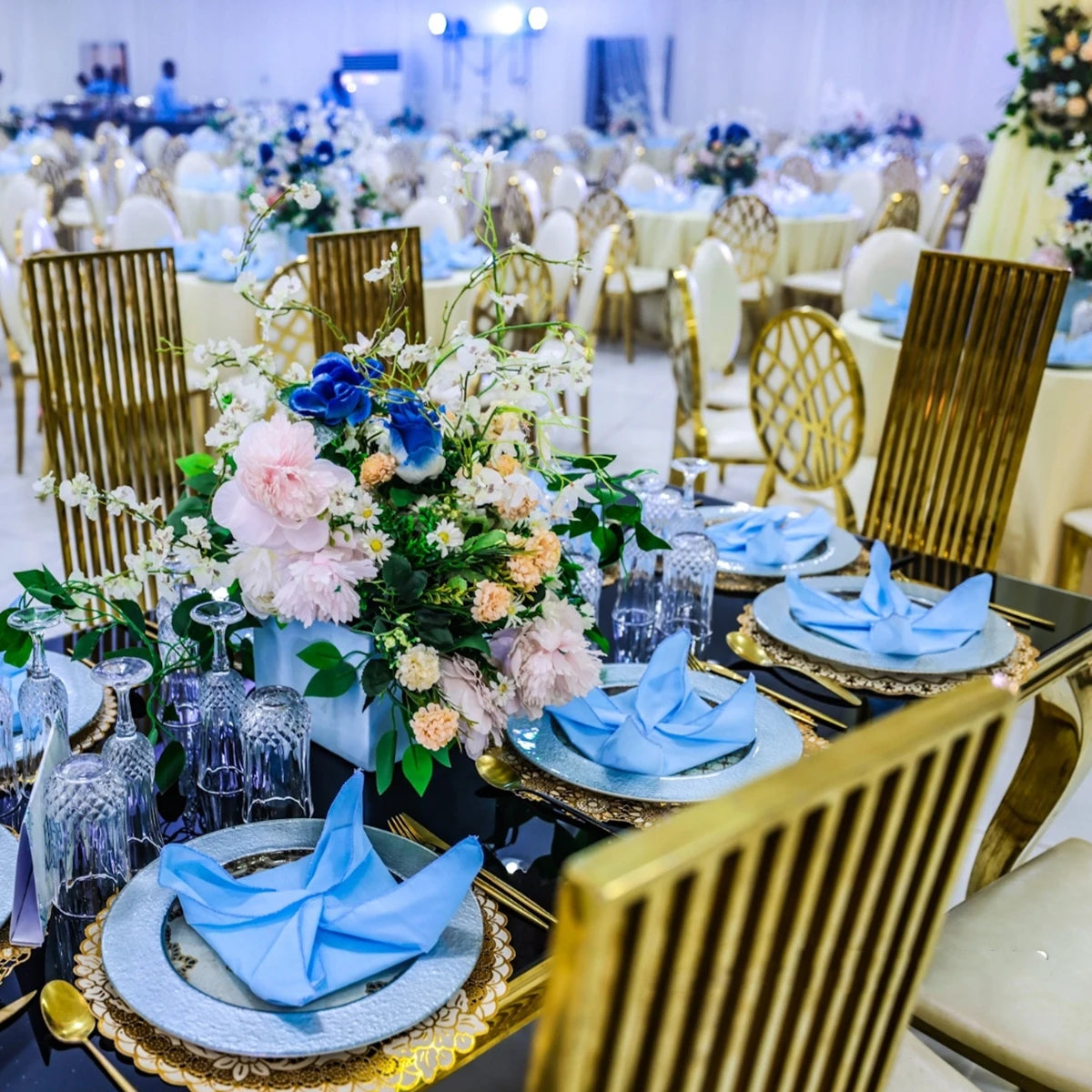30pcs Stainless Steel Wedding & Event Chairs – Gold & White Back Design for Dining, Restaurant, or Hotel