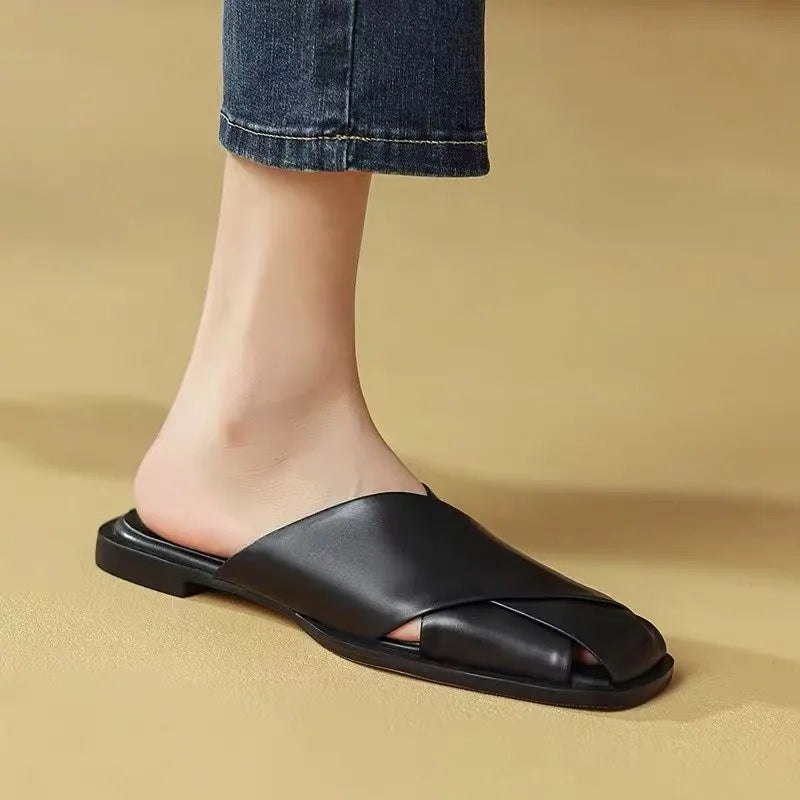Square-Toe Mules — Elegant Closed-Toe Flat Slip-On Slippers — view 7 of sandals & slides