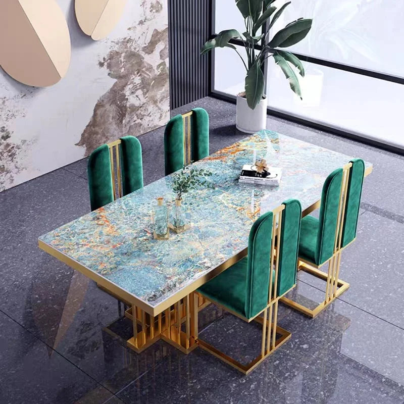 SENTEWO Free Shipping Italian Luxury Rock Slab Dining Table Set 4 Chairs Golden Frame Dinner Tables With Chair Kitchen Furniture