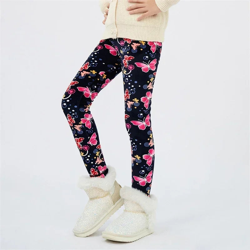 4-13Y Girls’ Warm Velvet Leggings – Printed Thicken Trousers for Autumn & Winter