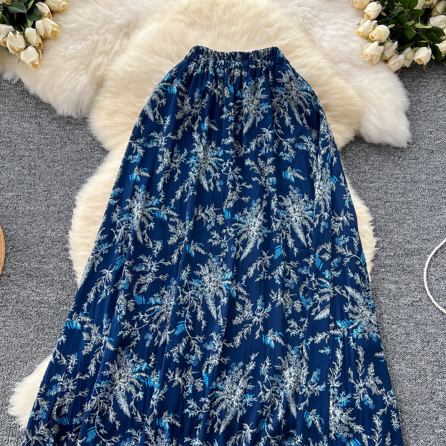 Women Chic print chiffon basics Elegant Elastic Sexy Long dress Waist Fashion Vintage summer Beach A-line Skirt