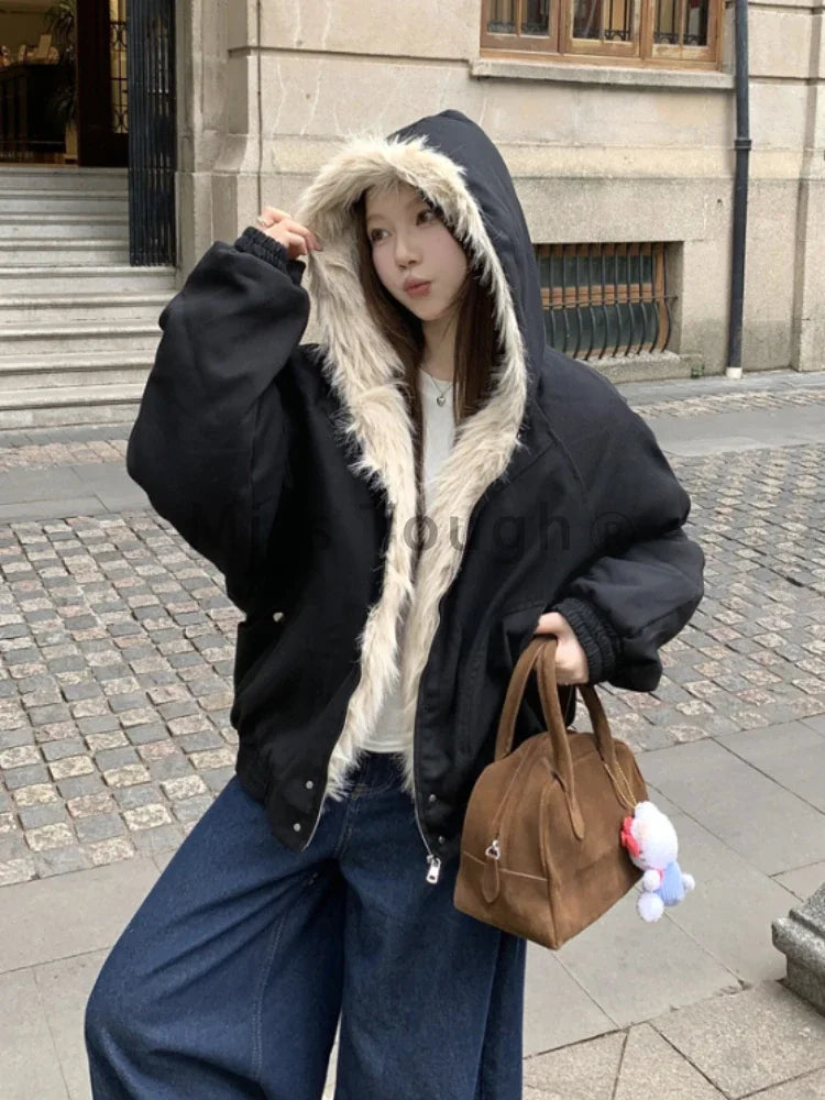 Winter Aesthetic Vintage Hooded Coat Women High Street Chic Warm Solid Lint Overcoat Female Design Casual Patchwork Jacket Coat