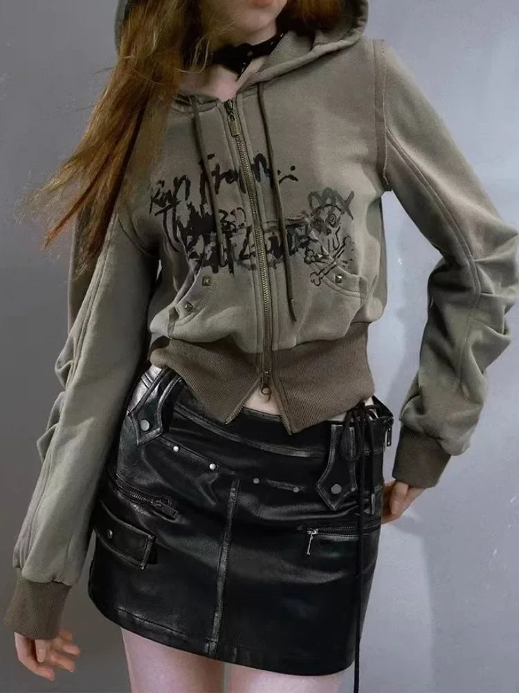 Harajuku Zipper Hoodies Loose Grunge Crop Casual Fashion All Match Streetwear Women Y2k Aesthetic 2024 Vintage Print Sweatshirt