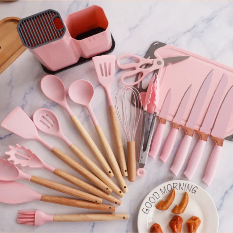 Silicone kitchenware set,19 piece non stick cooking pot with wooden handle spoon,multifunctional integrated knife storage bucket