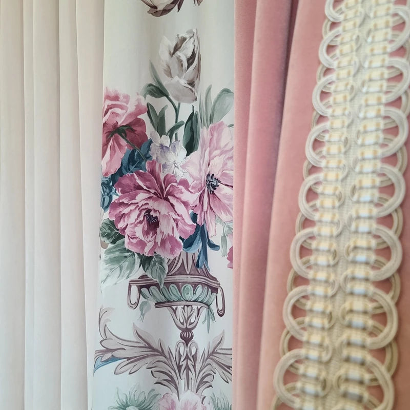 New High-end Pink Printing Velvet Splicing Curtains for Living Room Bedroom Villa Balcony French Window Customized Products
