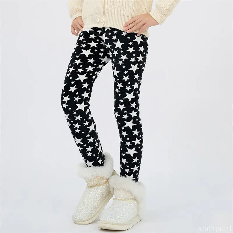 4-13Y Girls’ Warm Velvet Star Print Leggings – Cozy Trousers for Autumn & Winter