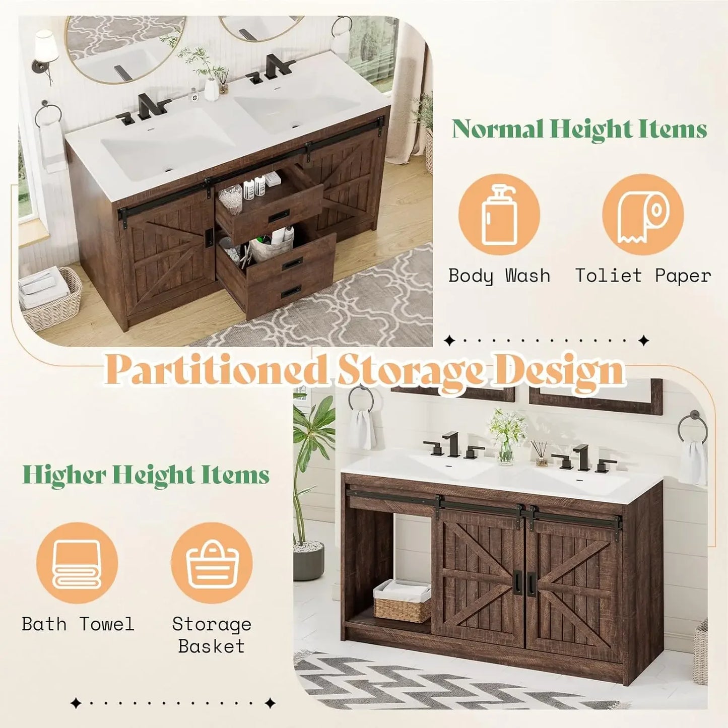 61" Farmhouse Double Bathroom Vanity – Dual Basin Sink Combo with Storage Cabinet