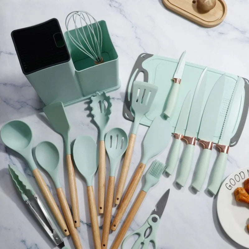 Silicone kitchenware set,19 piece non stick cooking pot with wooden handle spoon,multifunctional integrated knife storage bucket