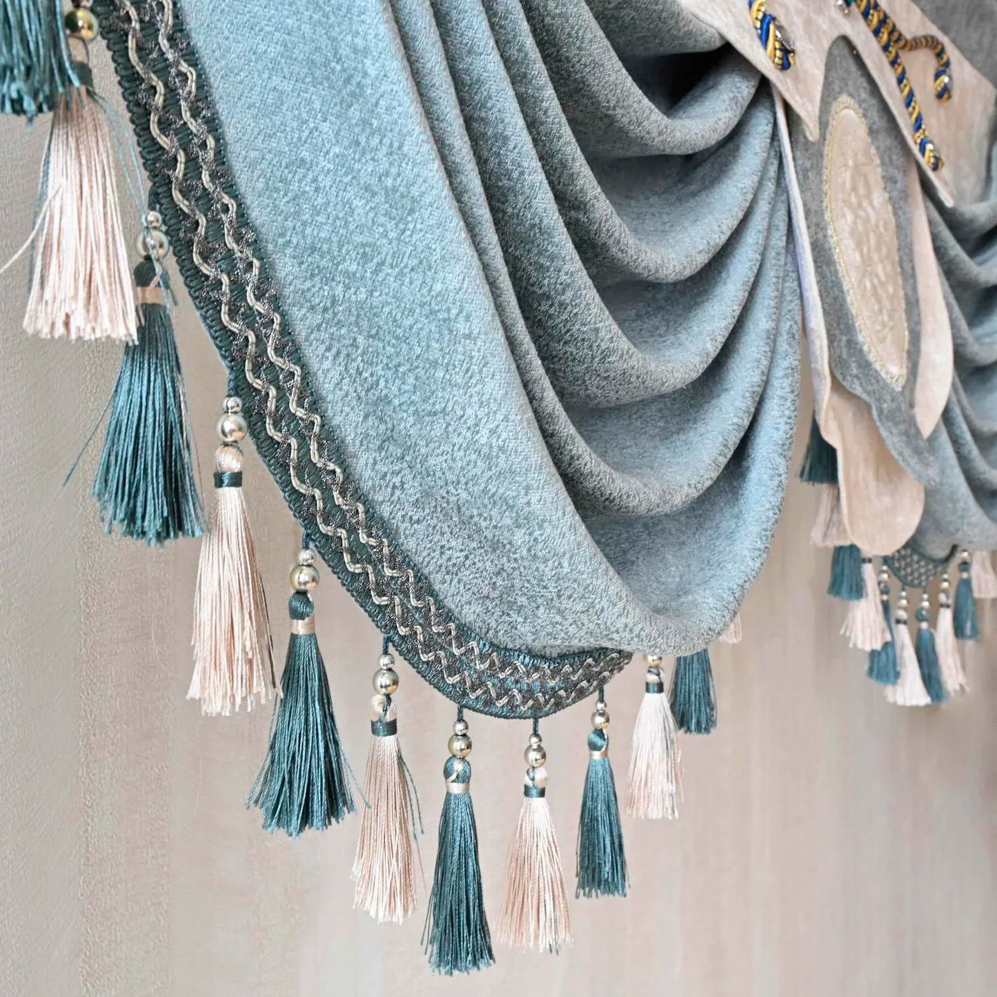 Europe Luxury Blue Swag Waterfall Valance With Tassel Beads Fringe Trim for Living Room Curtain Head Home Drapes #D