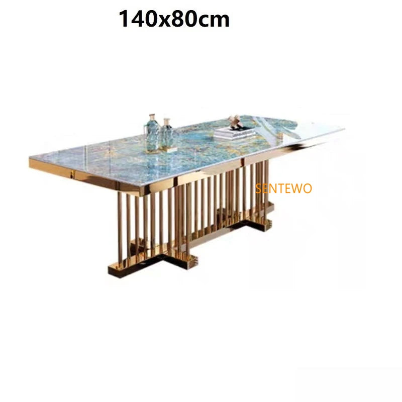 SENTEWO Free Shipping Italian Luxury Rock Slab Dining Table Set 4 Chairs Golden Frame Dinner Tables With Chair Kitchen Furniture
