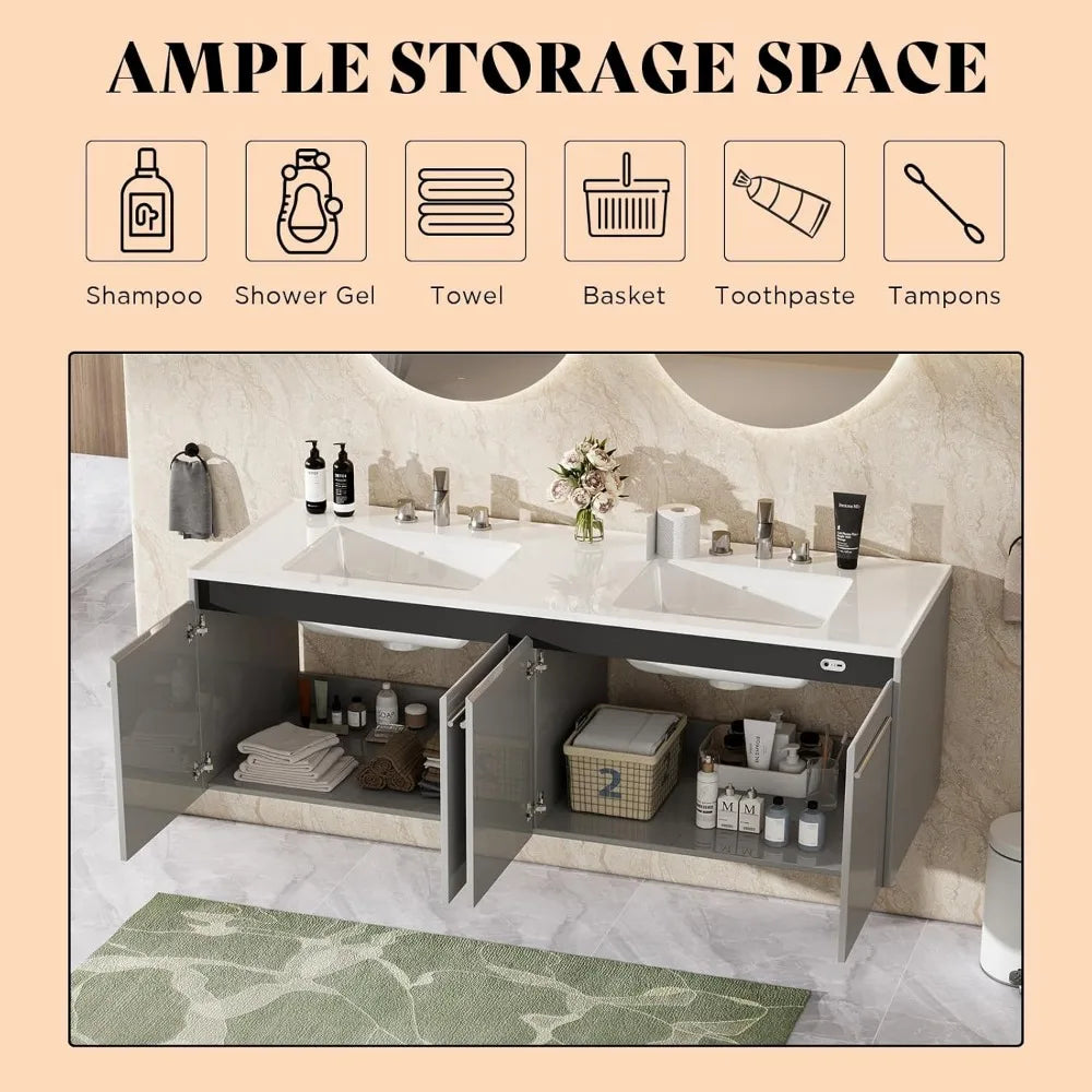 60" Floating Bathroom Vanity with Sink – Wall-Mounted Storage Cabinet with Soft-Close Doors