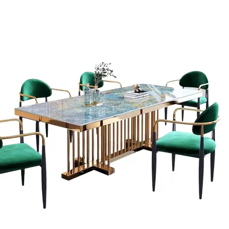 SENTEWO Free Shipping Italian Luxury Rock Slab Dining Table Set 4 Chairs Golden Frame Dinner Tables With Chair Kitchen Furniture
