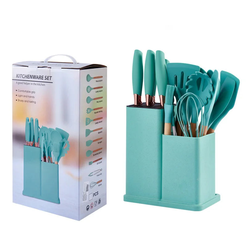 Silicone Kitchenware Set of 19 Kitchenware Tools Storage Barrel Stainless Steel Handle Knife Set Kitchen Knife Set