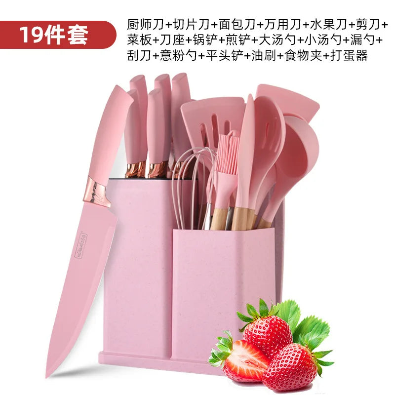 Silicone Kitchenware Set of 19 Kitchenware Tools Storage Barrel Stainless Steel Handle Knife Set Kitchen Knife Set
