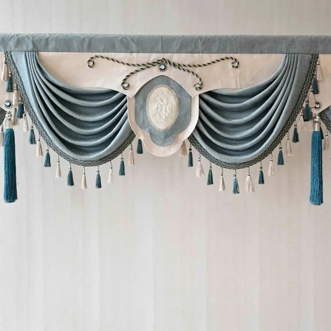 Europe Luxury Blue Swag Waterfall Valance With Tassel Beads Fringe Trim for Living Room Curtain Head Home Drapes #D