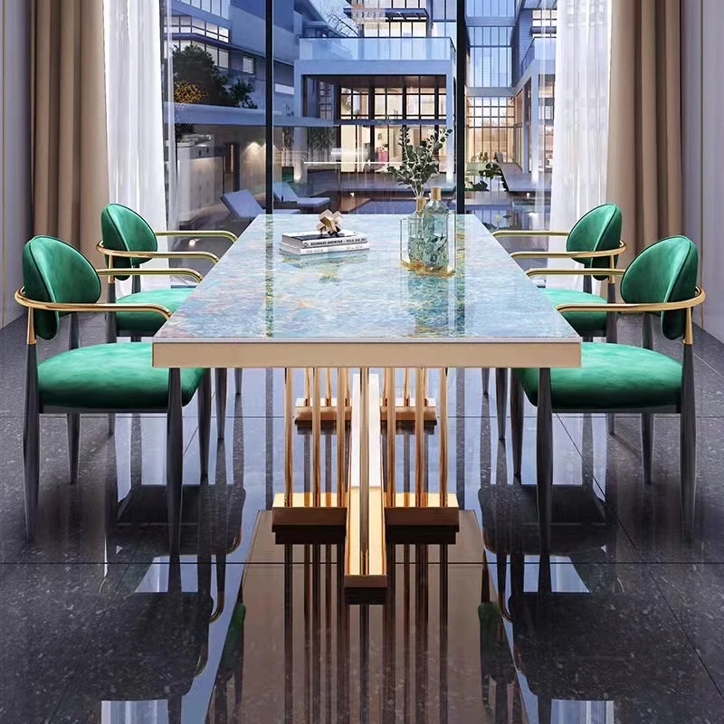 SENTEWO Free Shipping Italian Luxury Rock Slab Dining Table Set 4 Chairs Golden Frame Dinner Tables With Chair Kitchen Furniture