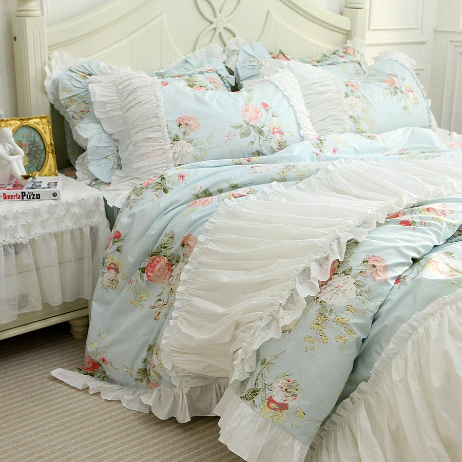 Korean 100% Cotton Floral Bedding Set – 4-Piece Duvet Cover with Flounced Cake Layer Ruffles