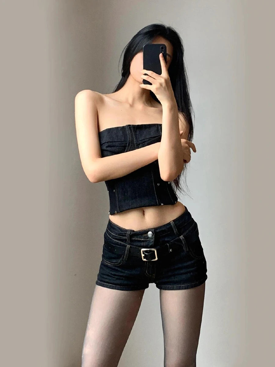 Steampunk Studded Corset Top & Denim Shorts – Women’s 2-Piece Y2K Streetwear Set