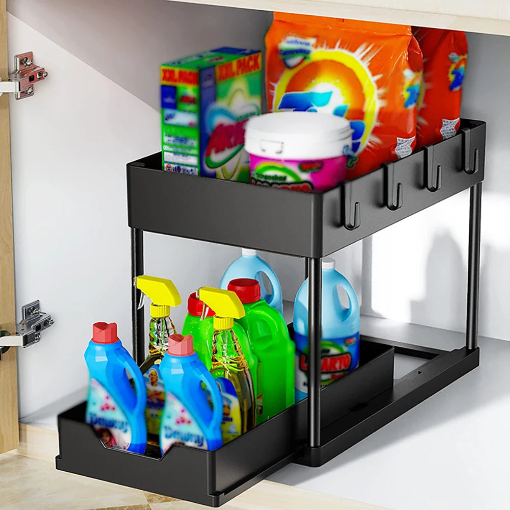 2-Tier Sliding Cabinet Basket Organizer – Under Sink Storage Rack with Hooks & Hanging Cup, Black