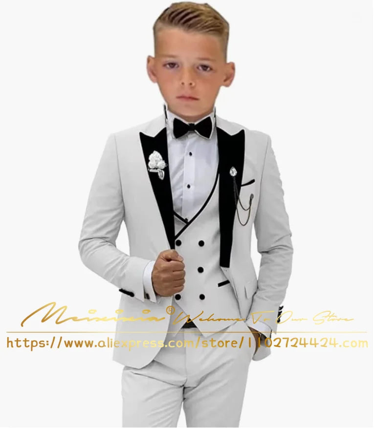 White Boys’ 3-Piece Formal Wedding Tuxedo Suit – Jacket, Vest & Pants Set (Ages 2–16, Custom Sizes Available)